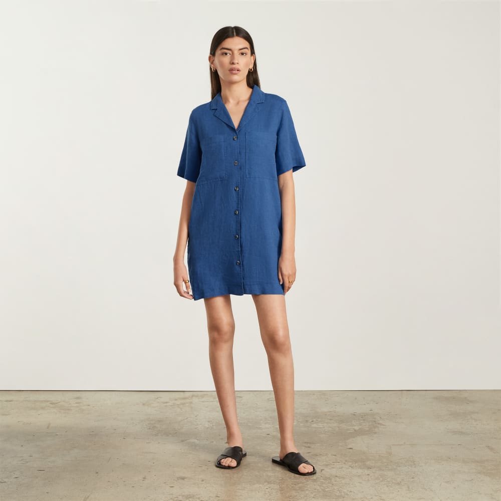 The Linen Workwear Dress in Deep Blue — alternate view