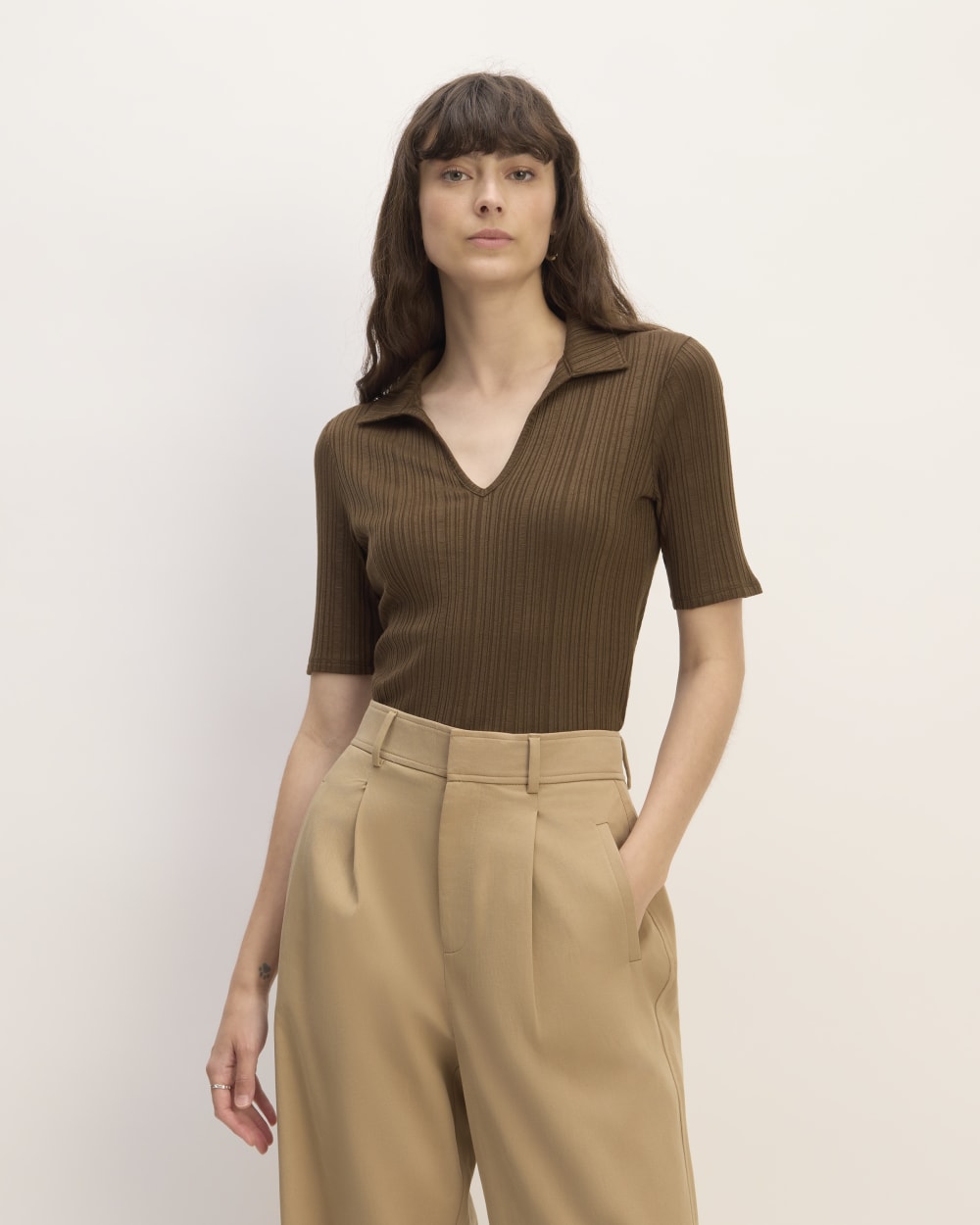 The Rib Soft Knit Open Collar Polo in Cocoa — front view