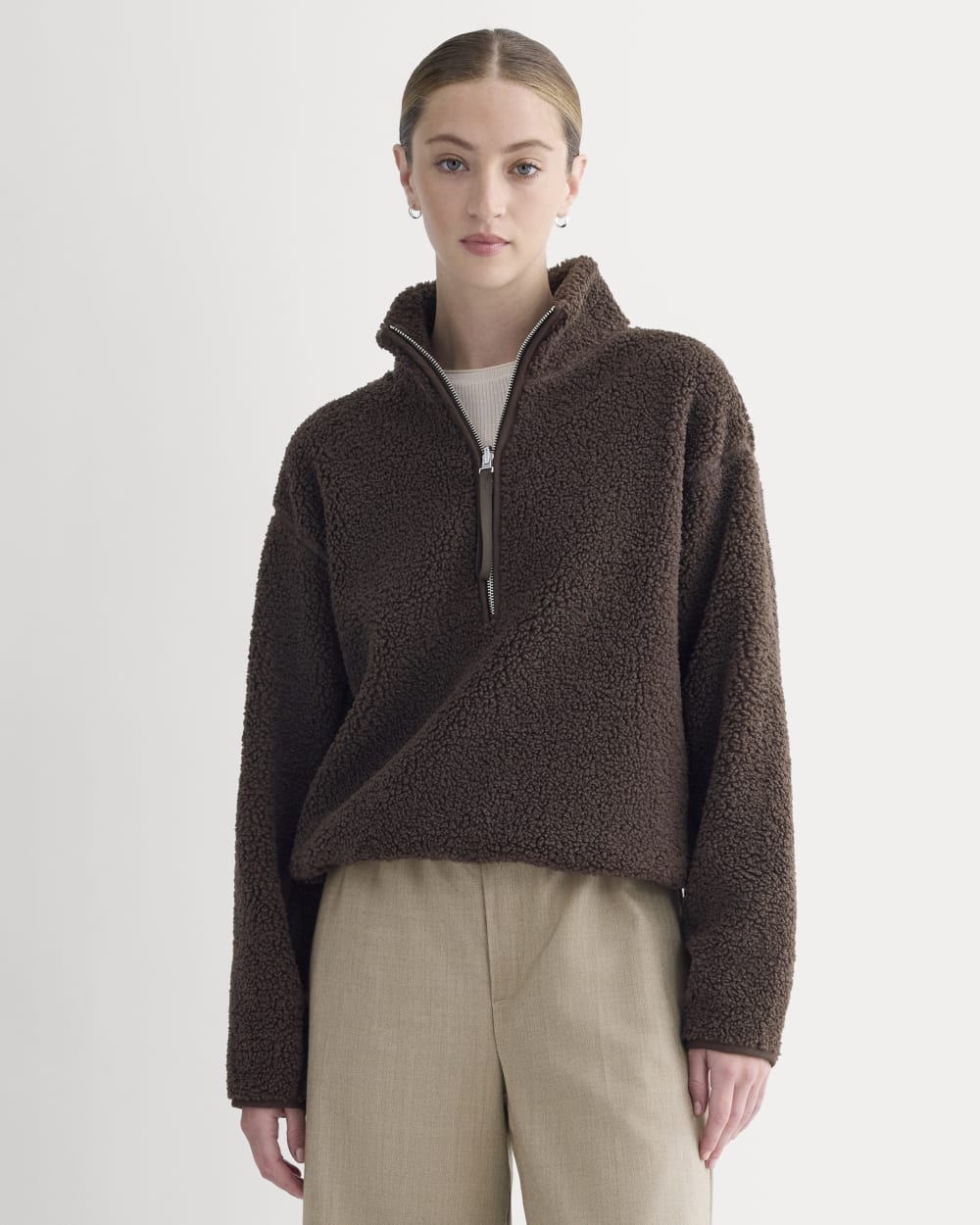 Reversible Teddy Half-Zip Pullover in Coffee Bean — front view