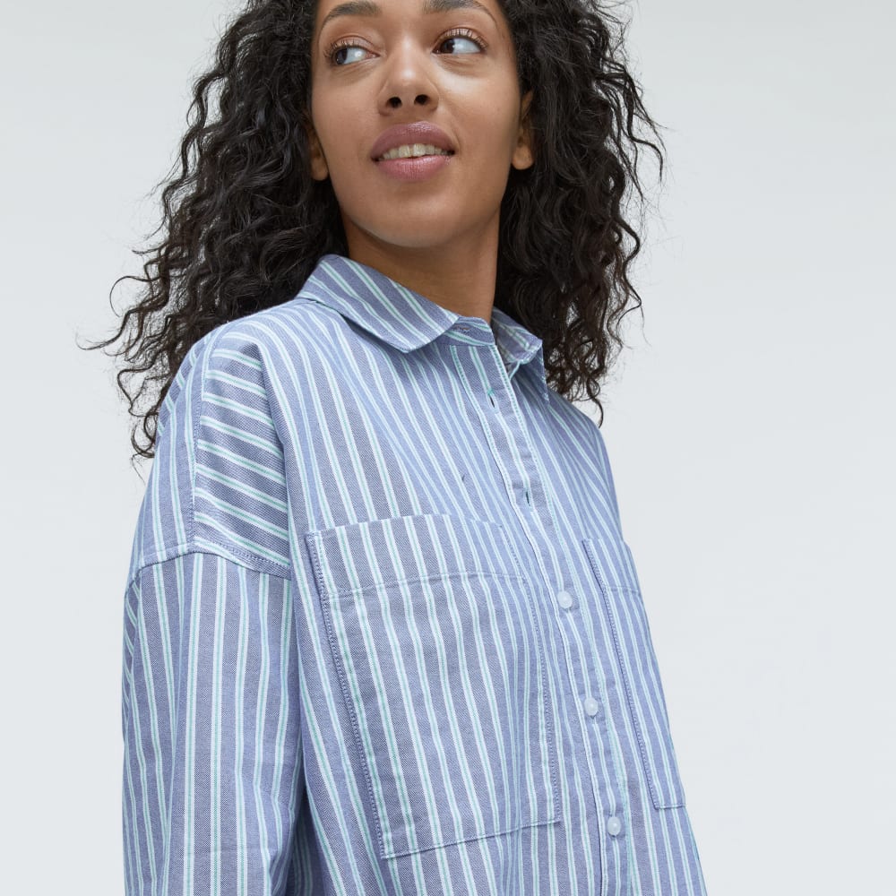 The Way Long Oxford Shirt in Lapis Blue / Bright Jade / Optic White — detail view