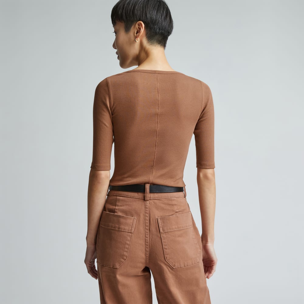 The Luxe Micro-Rib Scoop-Neck Tee in Carob Brown — detail view
