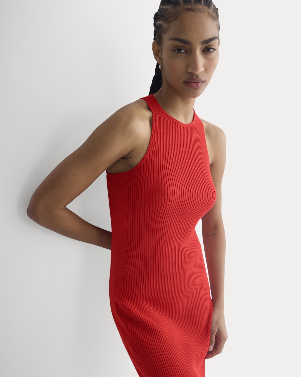 Cutaway Ribbed Midi Dress in Fiery Red — detail view
