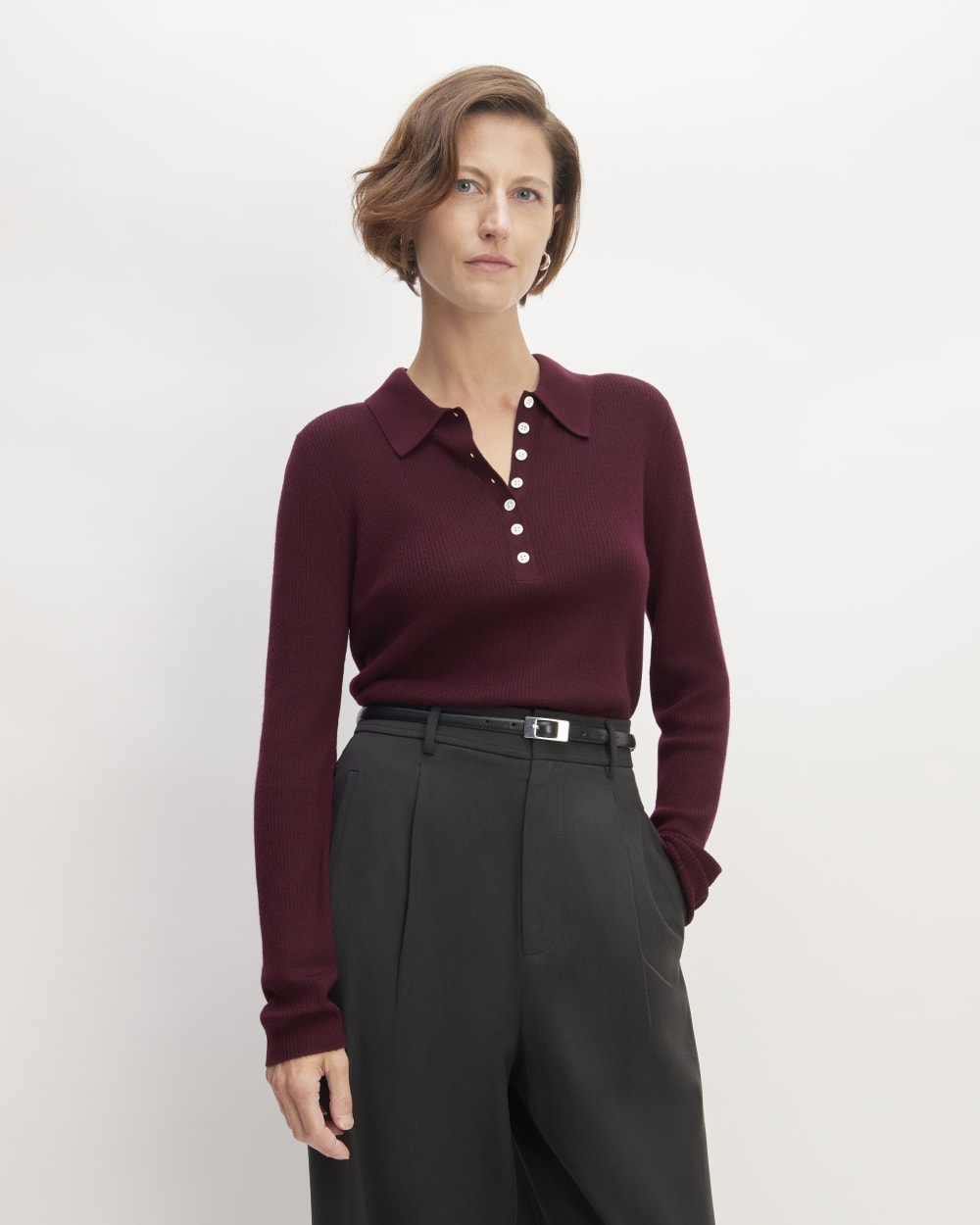The Polo in Ultrasoft Merino in Burgundy — front view