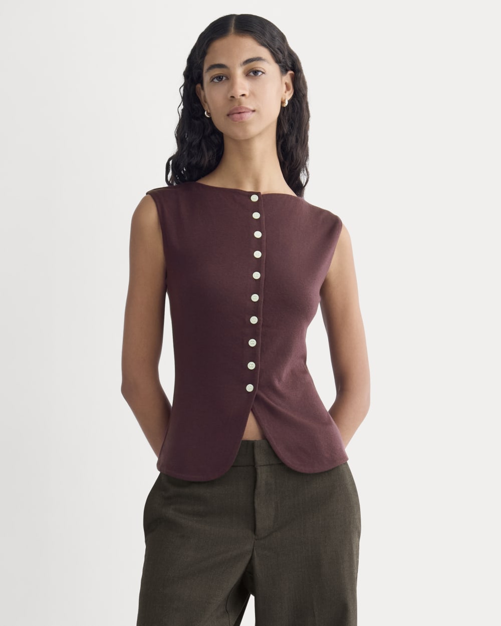 Sleeveless Button-Up in Butterluxe in Deep Plum — front view