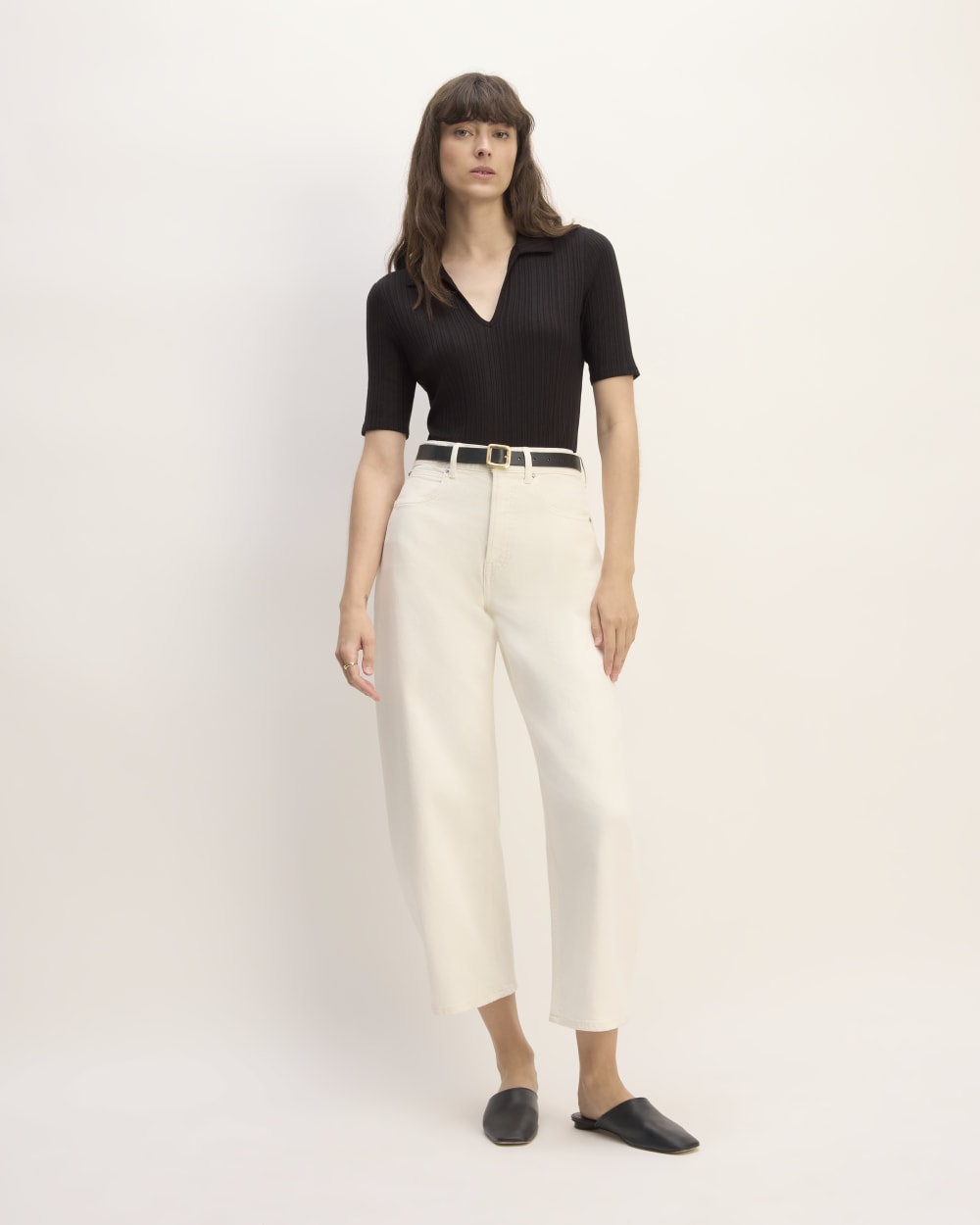 The Rib Soft Knit Open Collar Polo in Black — detail view