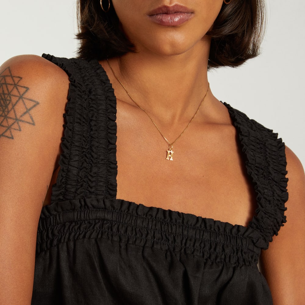 The Smocked Linen Cami in Black — detail view