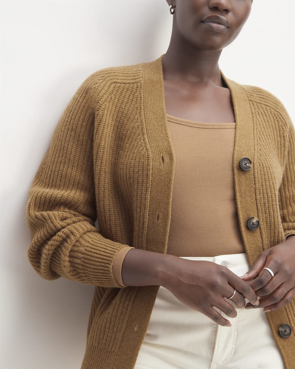 The Felted Merino Cardigan in Deep Camel — detail view