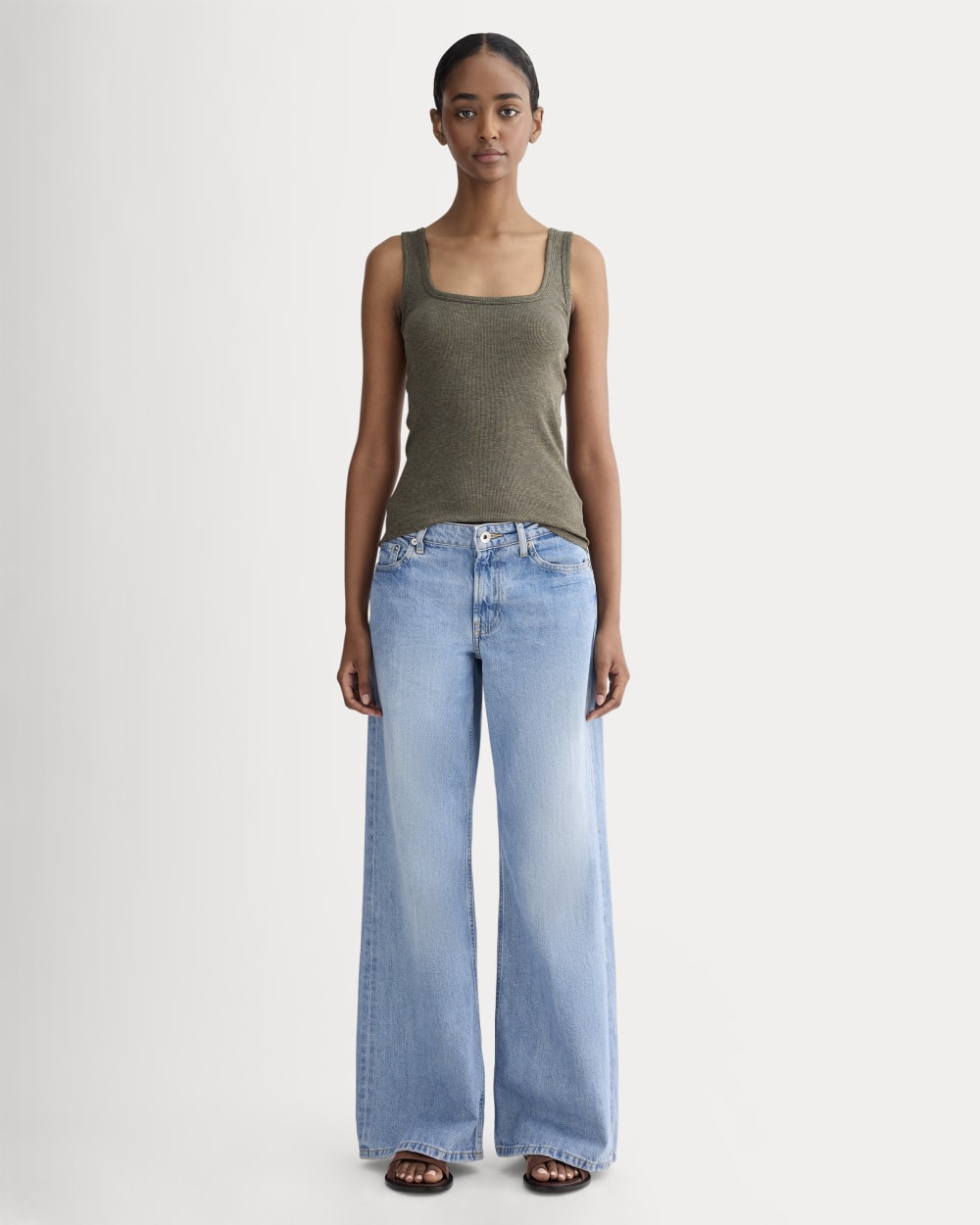 The Luxe Rib Square-Neck Tank in Heathered Fatigue — detail view