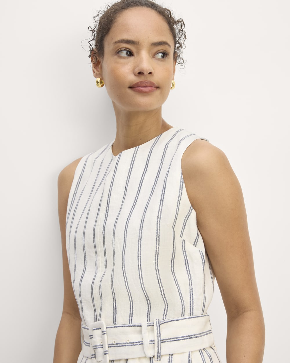 The Linen Belted Midi Dress in Bone/Navy — detail view