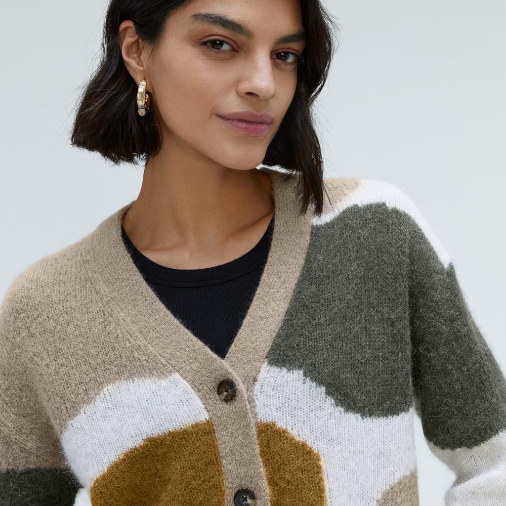 The Alpaca V-Neck Cropped Cardigan in Neutral Camo — detail view
