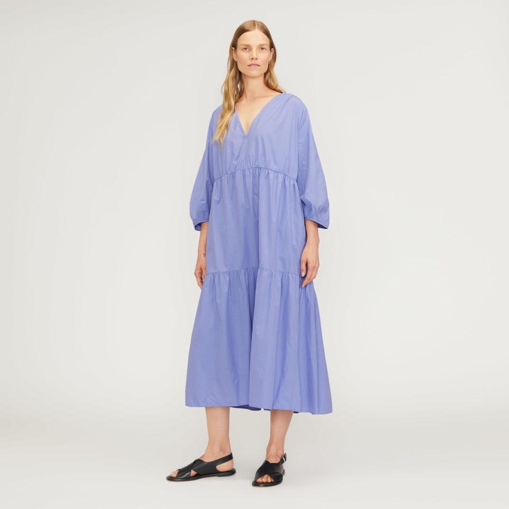 The Poplin Tiered Dress in Cornflower Blue — front view