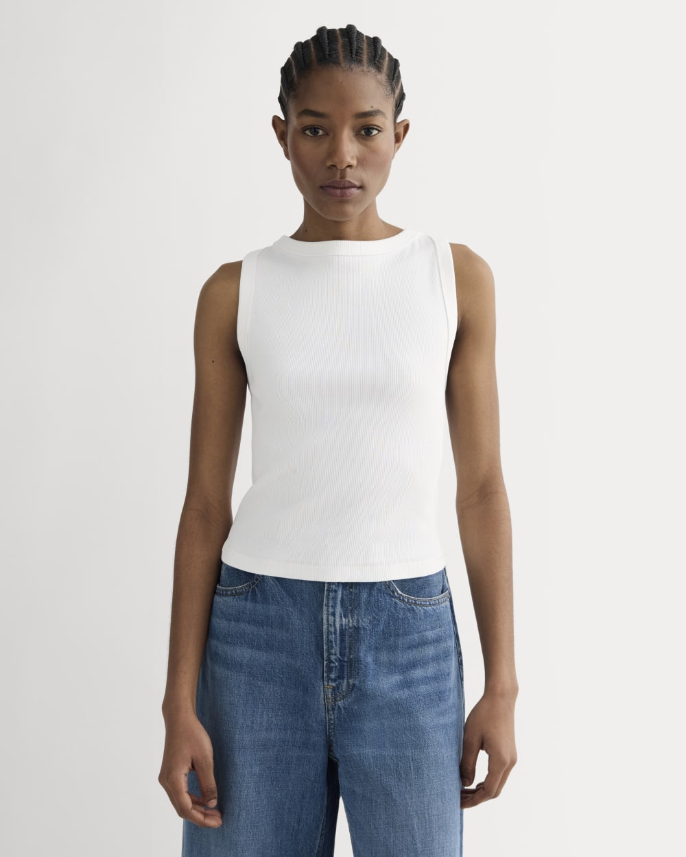 The Selfie Boatneck Tank in White — front view