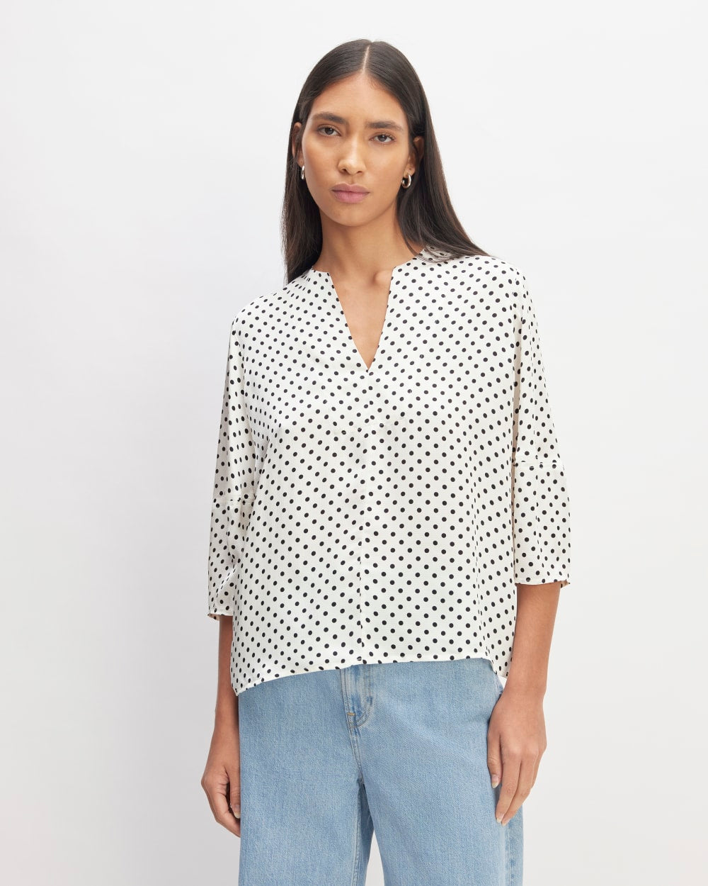 The Hammered Satin Balloon Sleeve Top in Bone / Black Polka Dot — front view