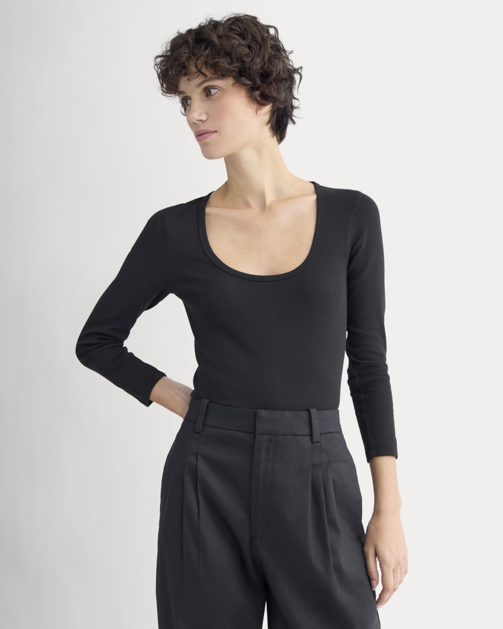 Luxe Rib Deep U-Neck Top in Black — front view