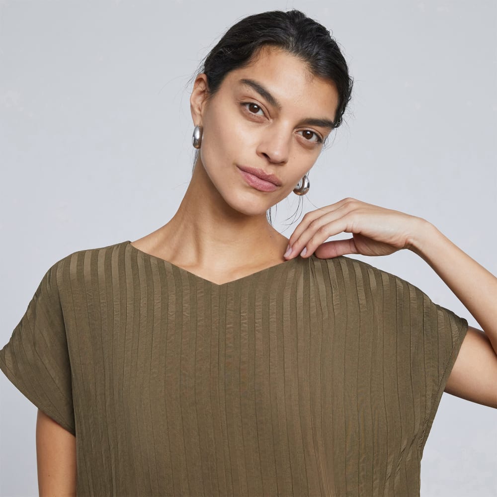 The City Stripe V-Neck Top in Beech — detail view