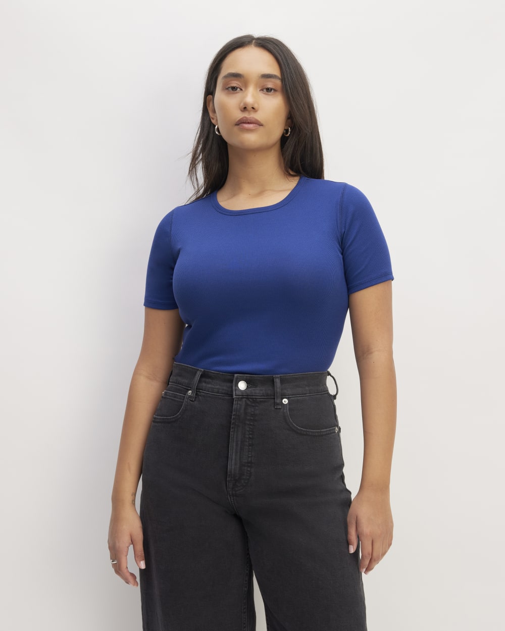 The Luxe Rib Crew in Bellwether Blue — front view