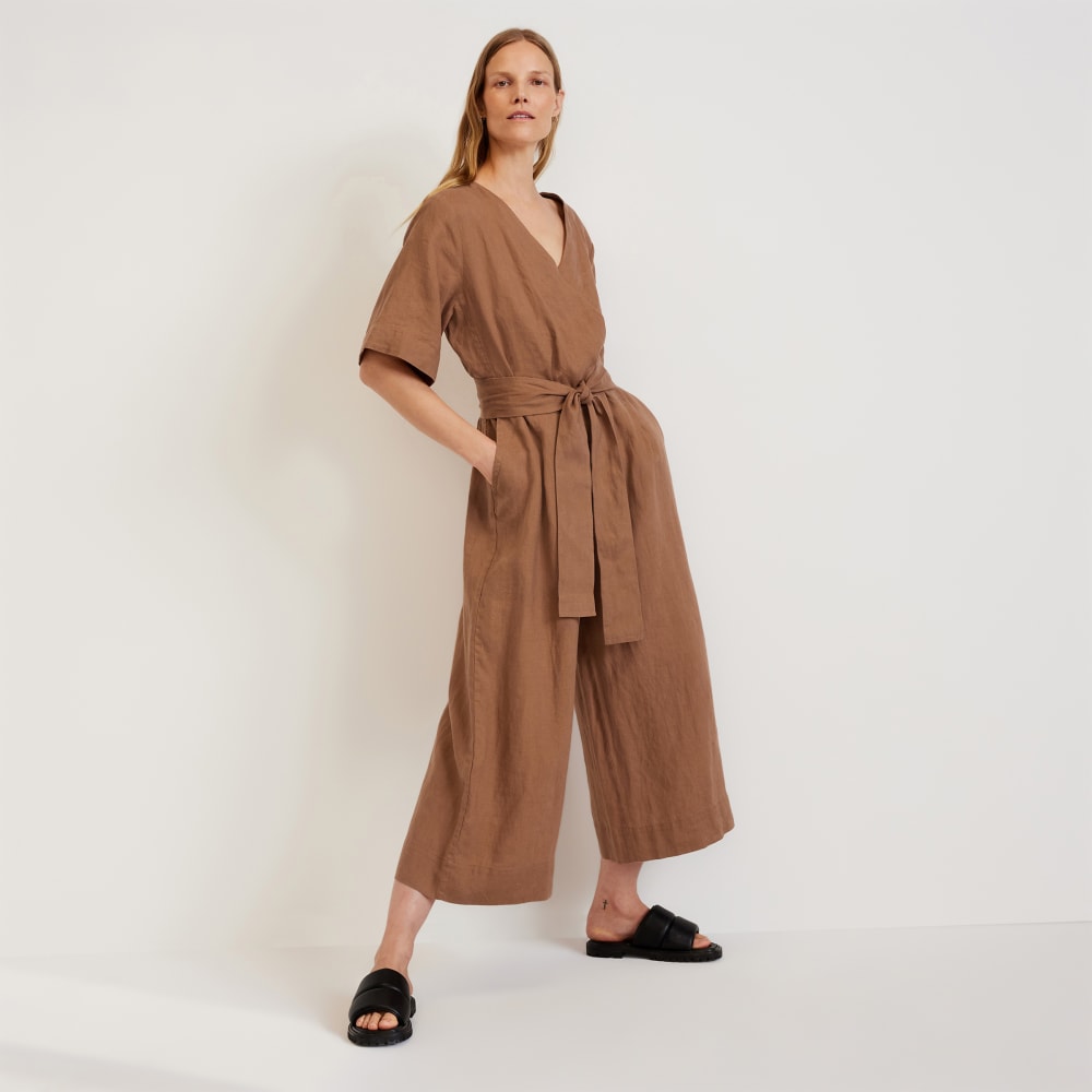 The Wrap Jumpsuit in Linen in Carob Brown — front view