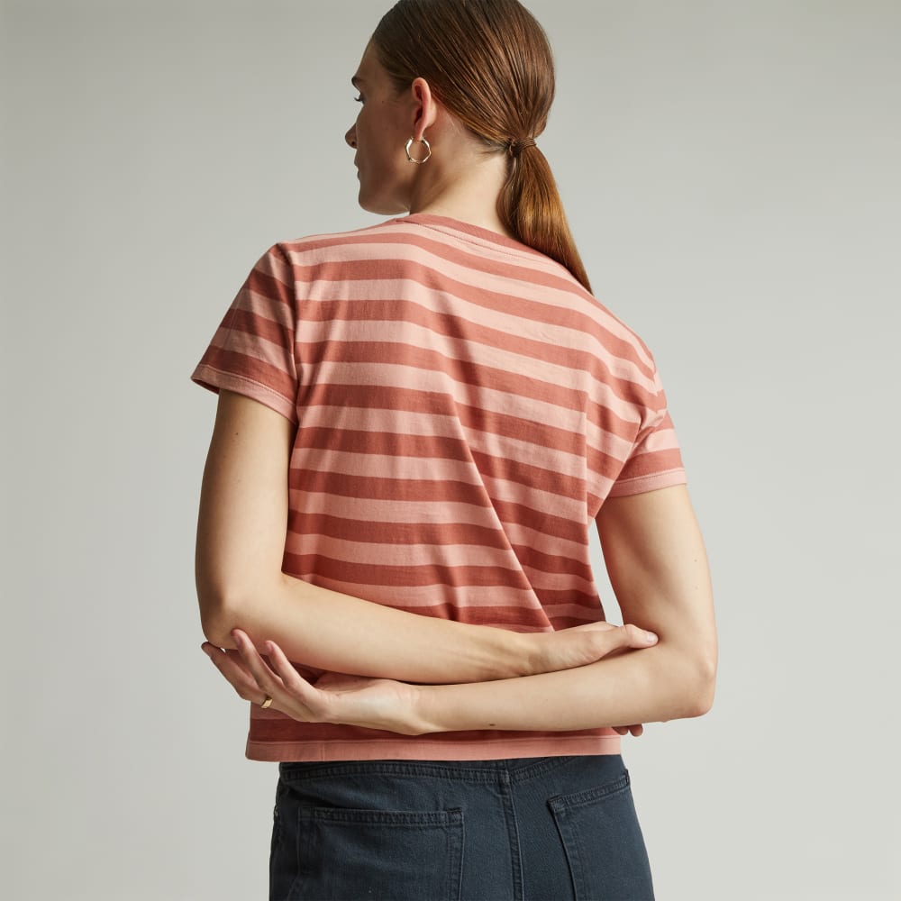 The Box-Cut Tee in Essential Cotton in Redwood Stripe — detail view