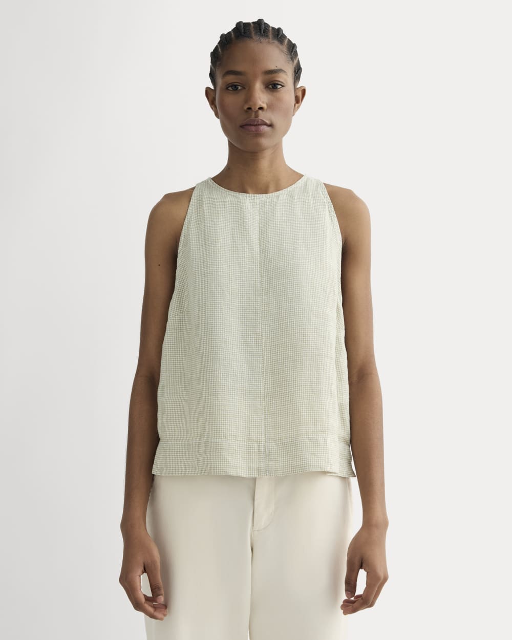 The Linen High-Neck Tank in Elm Gingham — front view