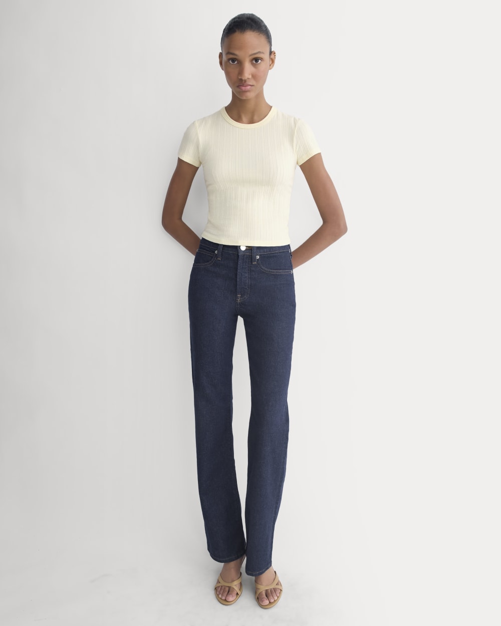 Cropped Crew in Pointelle in Lemon Icing — detail view