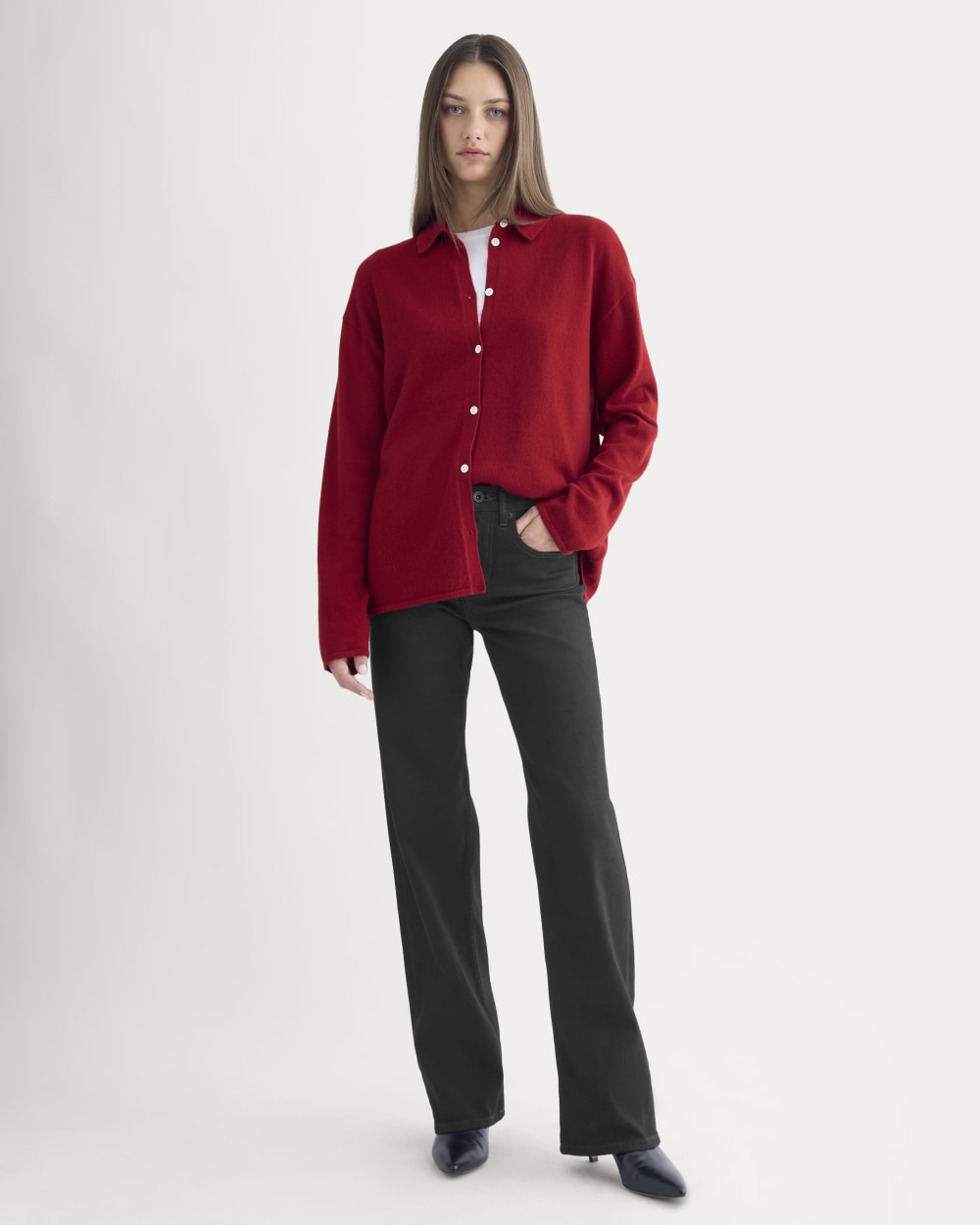 Cashmere Button-Up Shirt in Berry Red — detail view