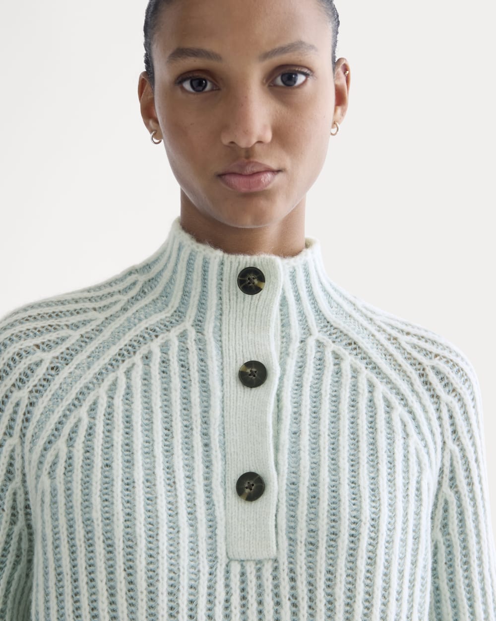 Funnel-Neck Ribbed Henley Sweater in Chalk Blue / Grey Mist Vertical Stripe — detail view