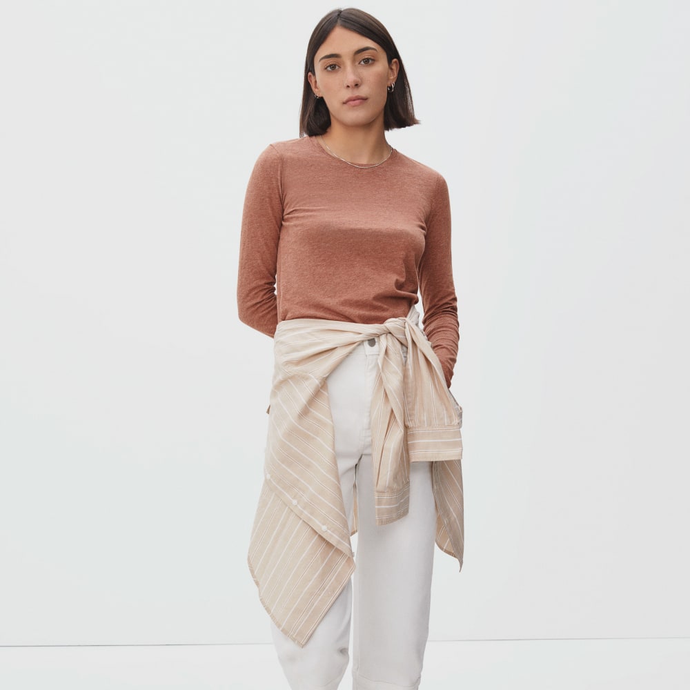 The Organic Cotton Long-Sleeve Crew in Heathered Brown — detail view