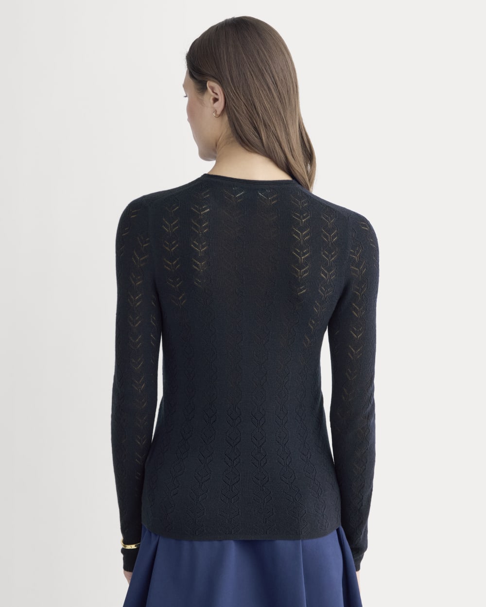 The Pointelle Crew in Ultrasoft Merino in Navy — detail view