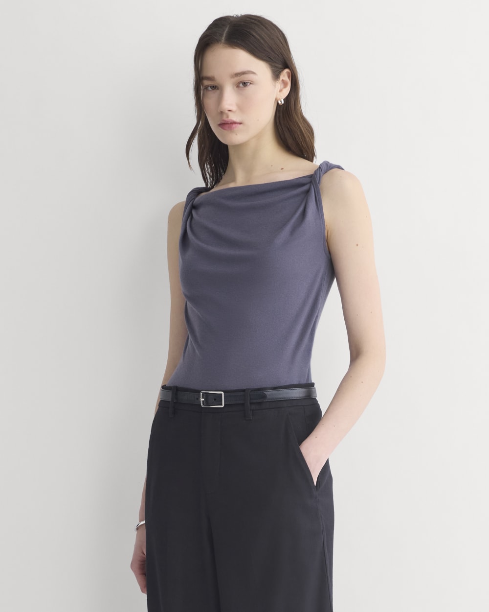 Cowl Neck Twist Tank in Butterluxe in Graystone — front view