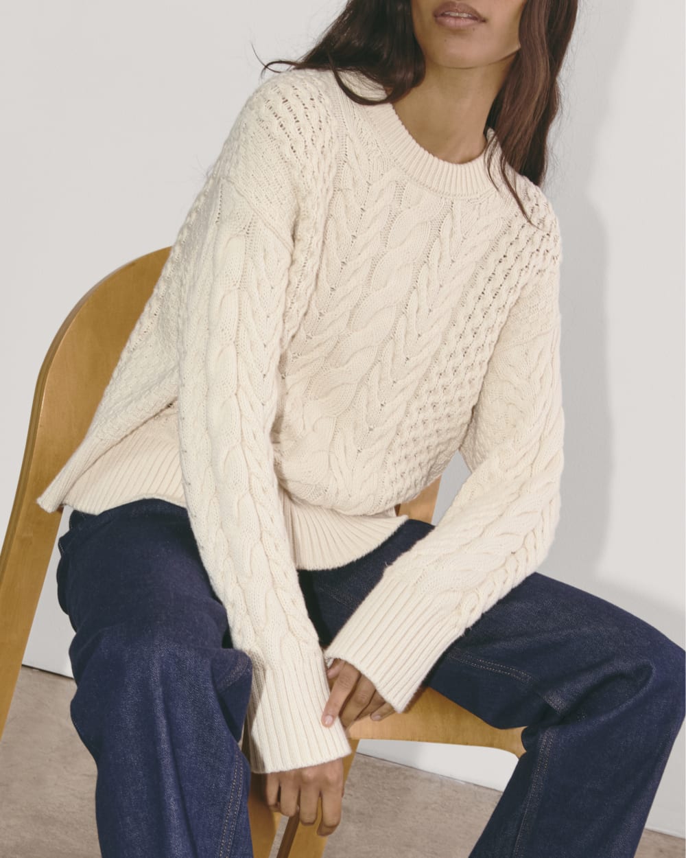 The Cable Sweater in Everyday Cotton in Canvas — detail view