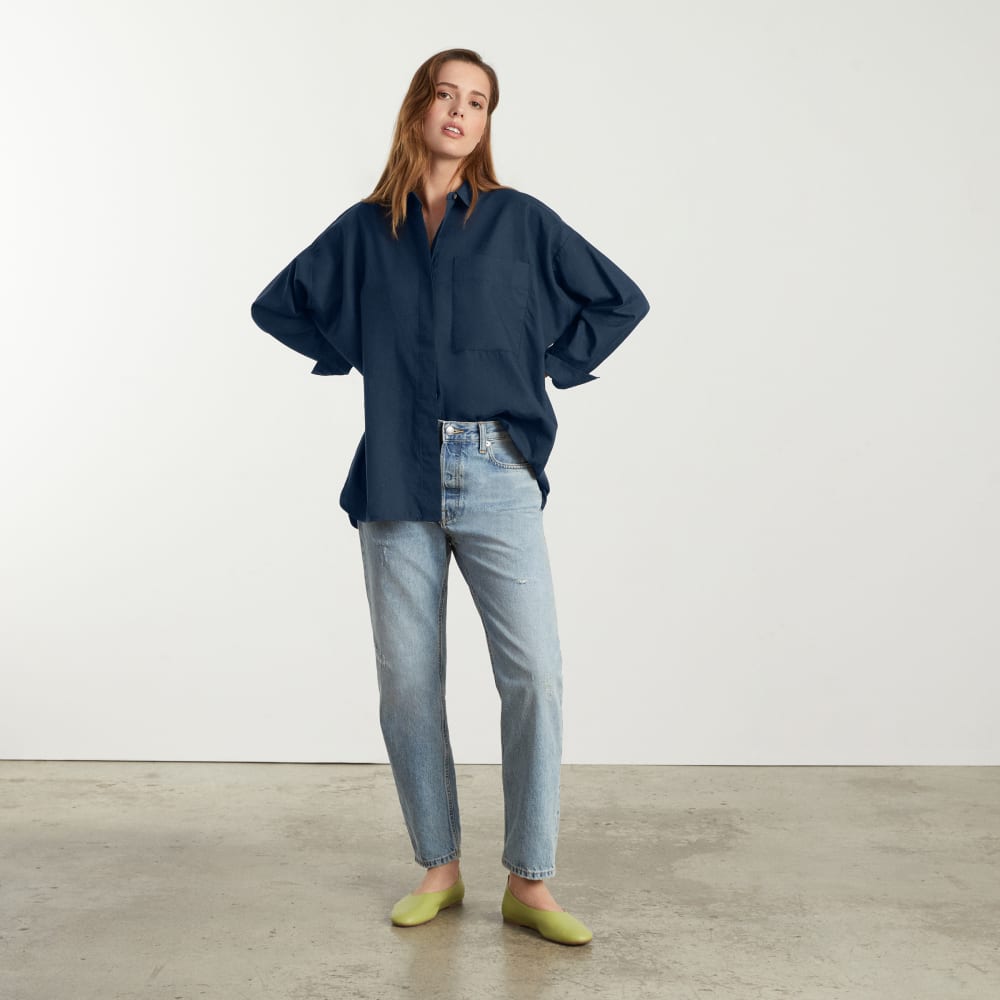 The Oversized Silky Cotton Shirt in Navy — detail view