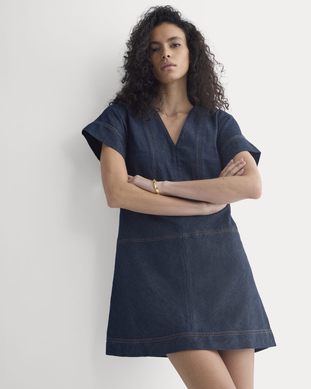 Denim Short-Sleeve Dress in Dark Indigo Rinse — detail view