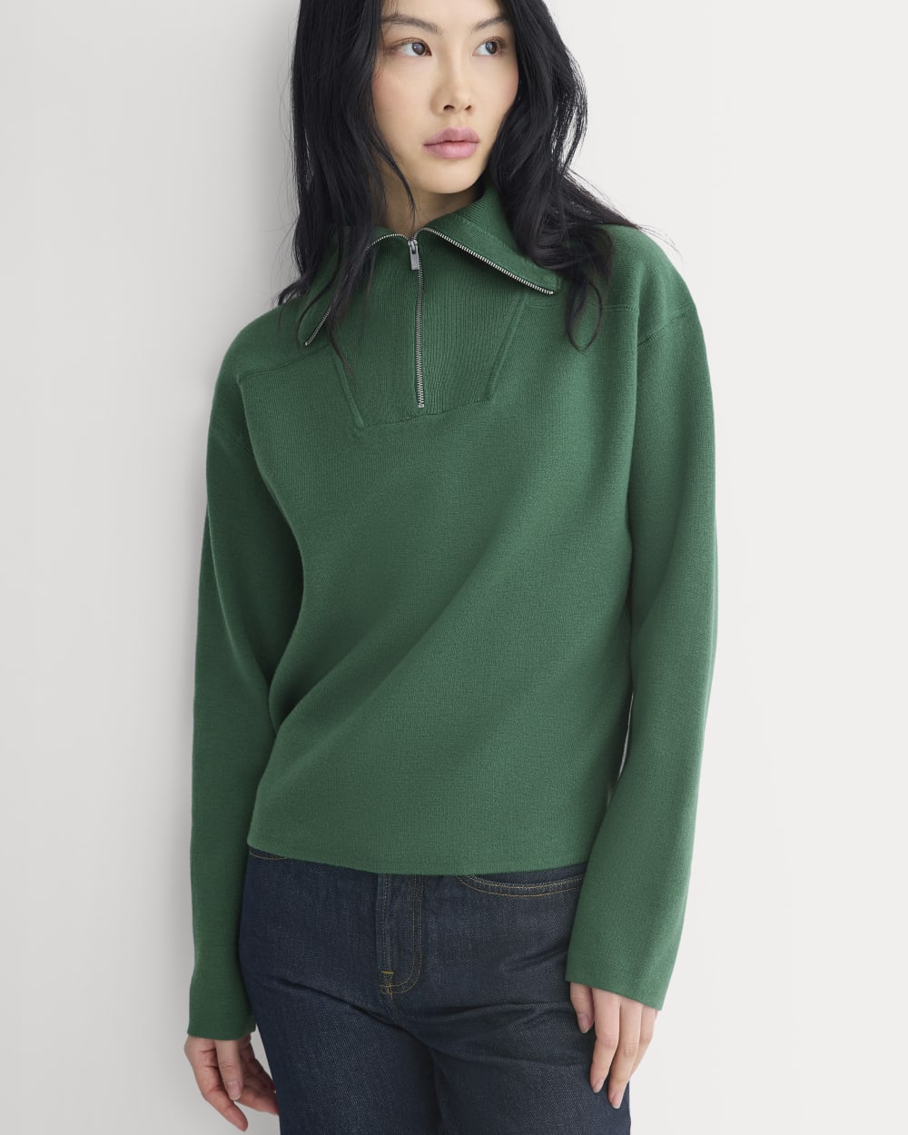 Double Knit Half-Zip in Cotton Merino in Hunter Green — front view