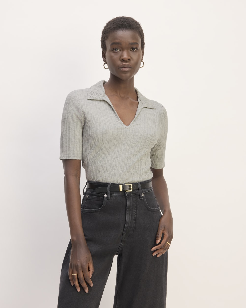 The Rib Soft Knit Open Collar Polo in Heathered Grey — front view