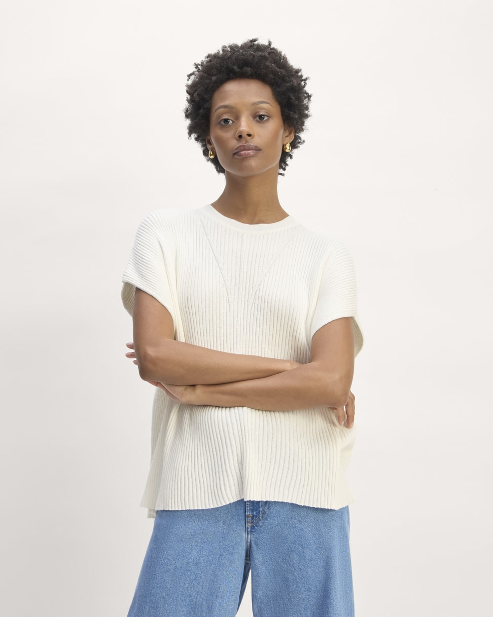 The Cotton Knit Caftan Top in Bone — front view