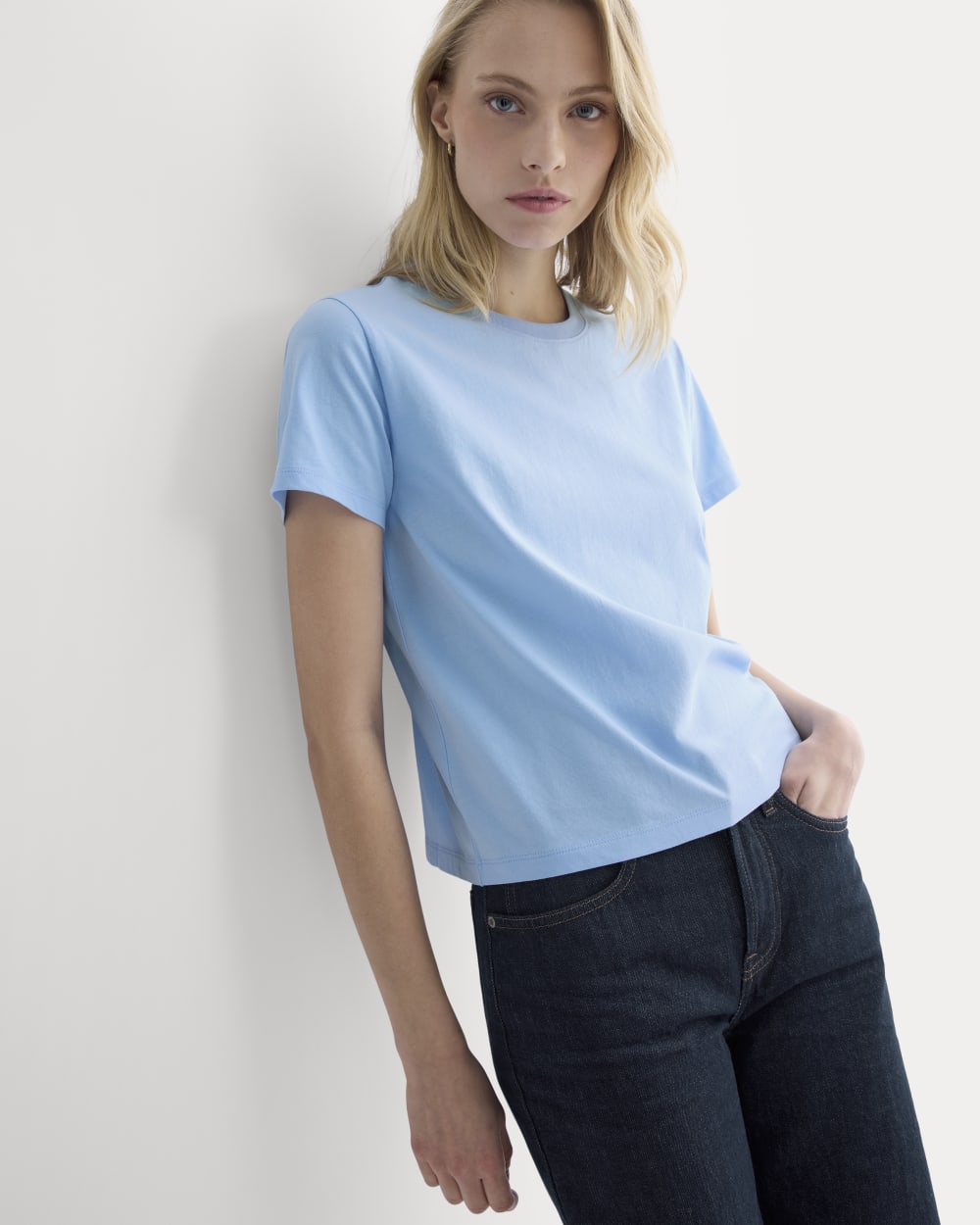 The Box-Cut Tee in Essential Cotton in Open Air Blue — detail view