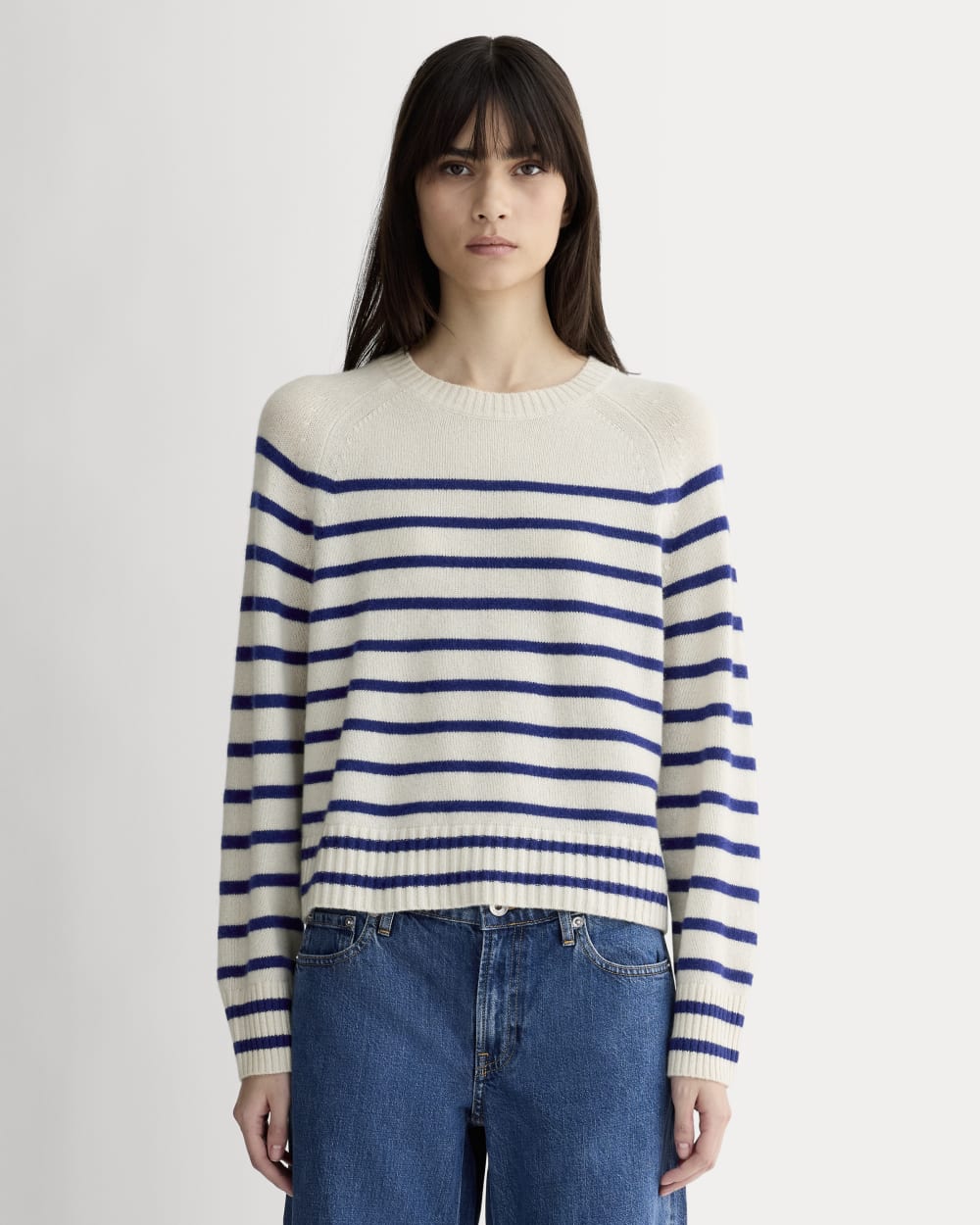 The Boxy Crew in Cashmere in Soft White / Deep Blue — front view