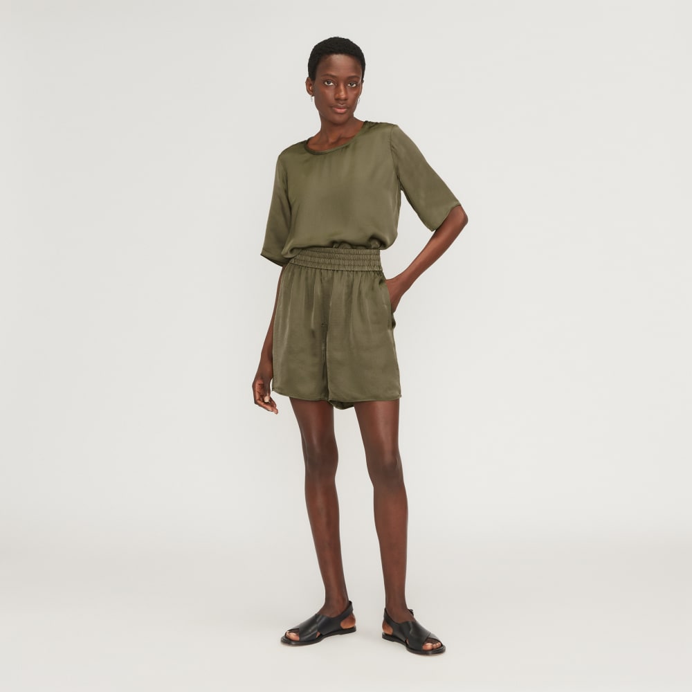 The Satin Pull-On Short in Kalamata — detail view