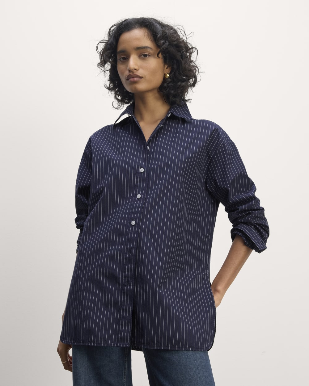 The Supima® Cotton Boyfriend Shirt in Navy / White — front view