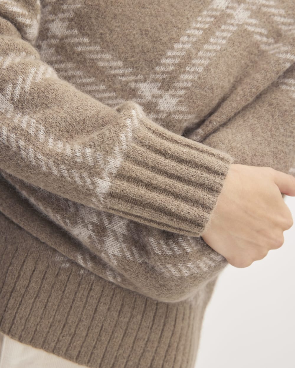 The Alpaca Cropped Crewneck Sweater in Wheat / Lightest Taupe — detail view