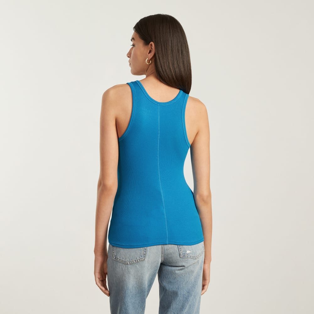 The Pima Micro-Rib U-neck Tank in Horizon Blue — detail view