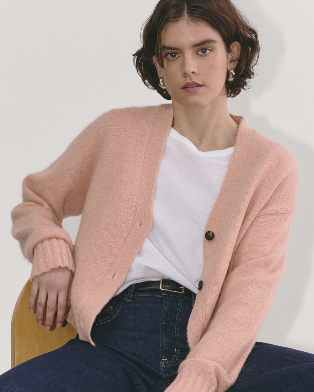 The Boxy Cardigan in Alpaca in Blush Pink — detail view
