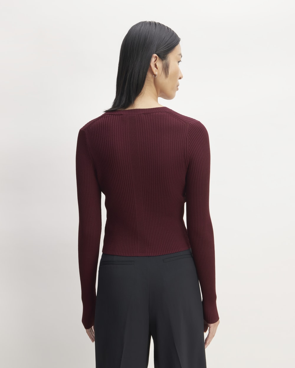The Ribbed Cropped Cardigan in Burgundy — detail view