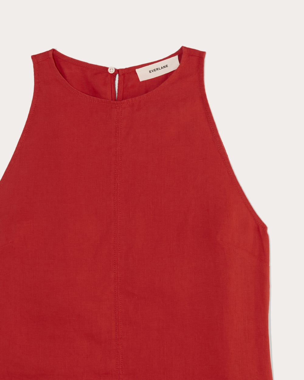 The Linen High-Neck Tank in Classic Red — detail view