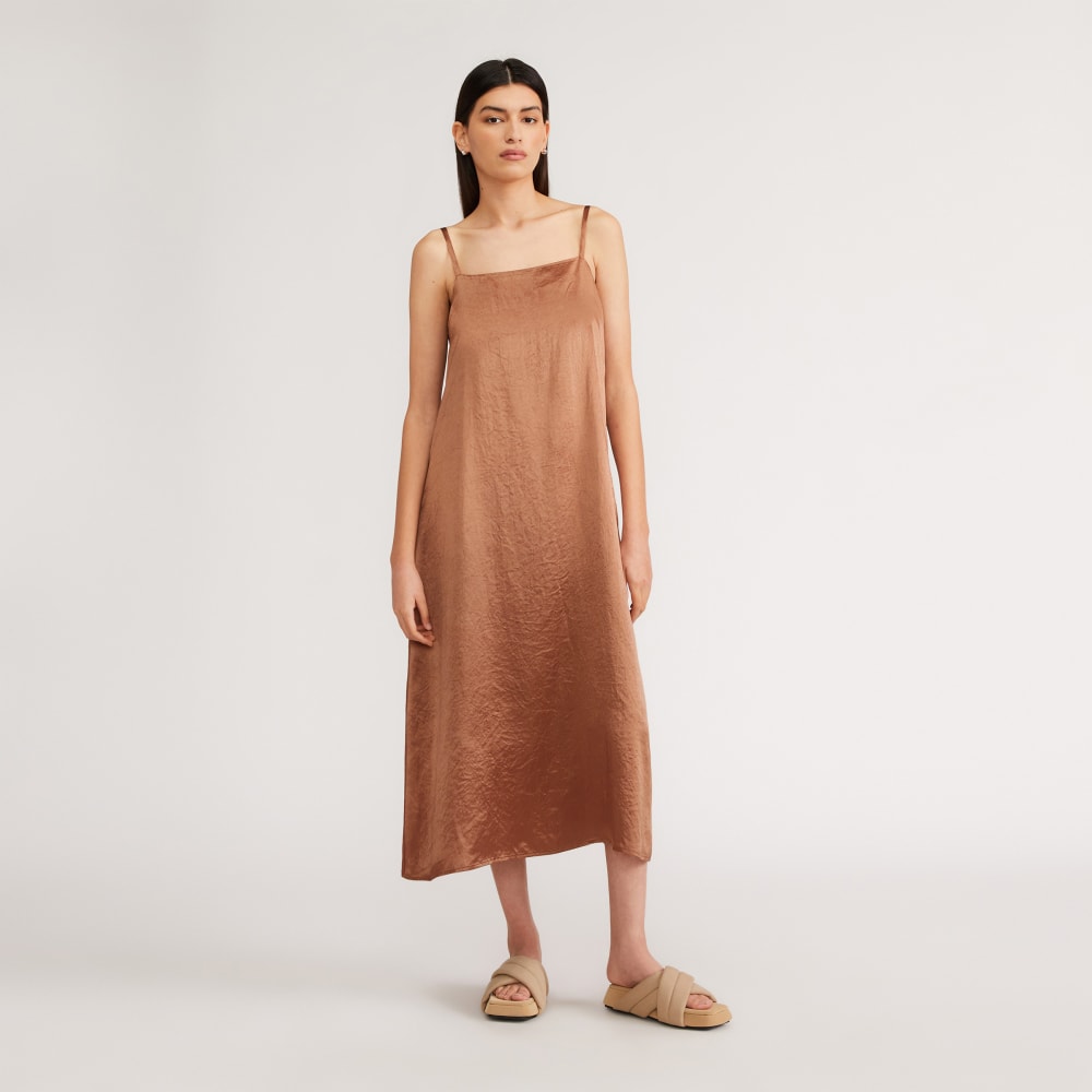 The Satin Square-Neck Slip Dress in Carob Brown — front view