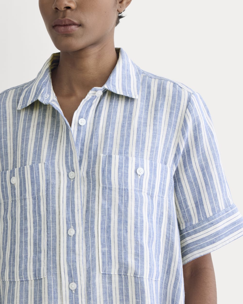 The Daytripper Dress in Linen in Soft Cobalt/Bone — detail view