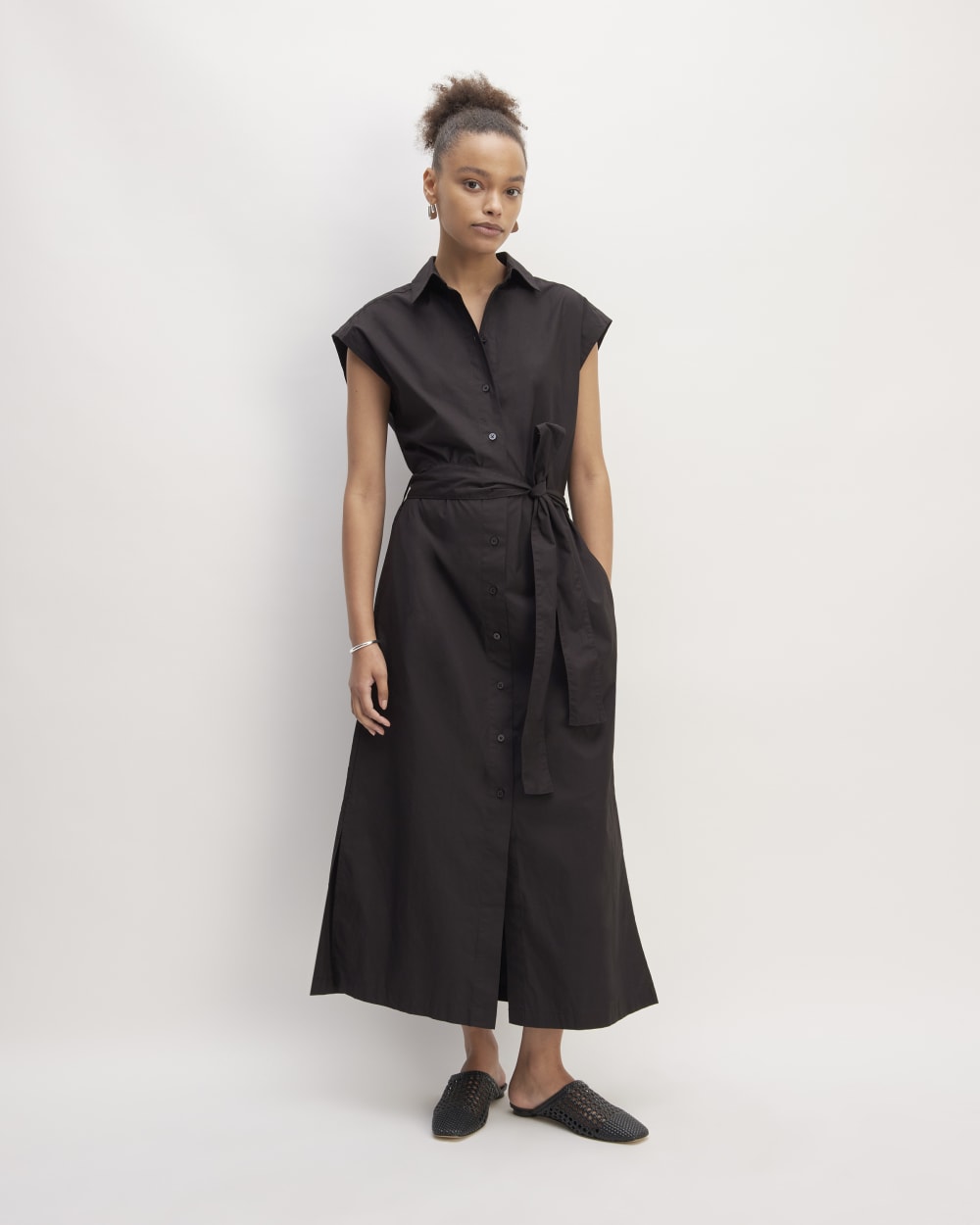 The Supima® Cotton Short-Sleeve Shirt Dress in Black — front view