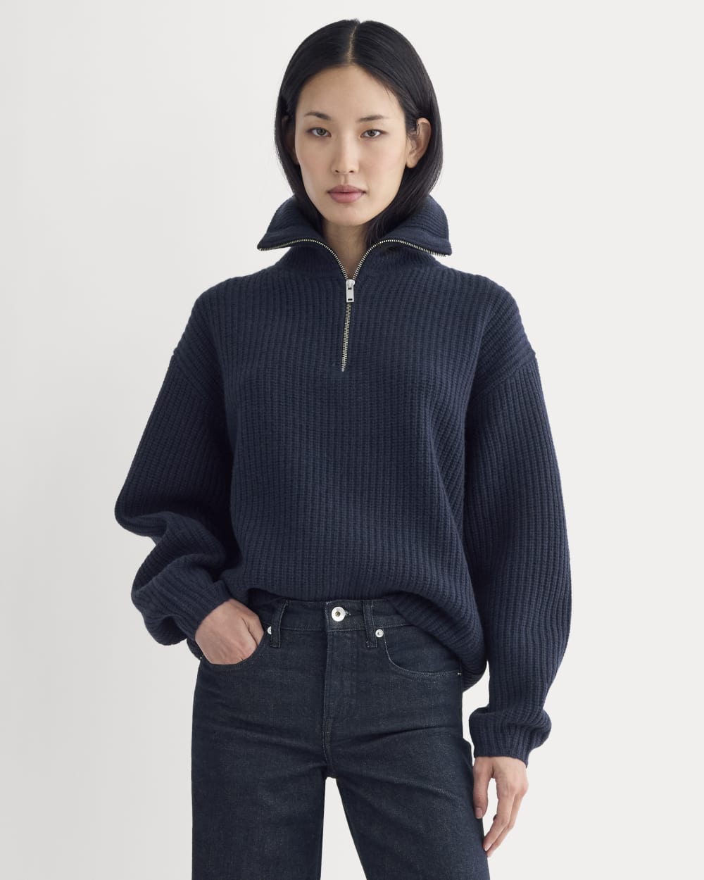 The Half-Zip Sweater in Luxe Merino in Navy — front view