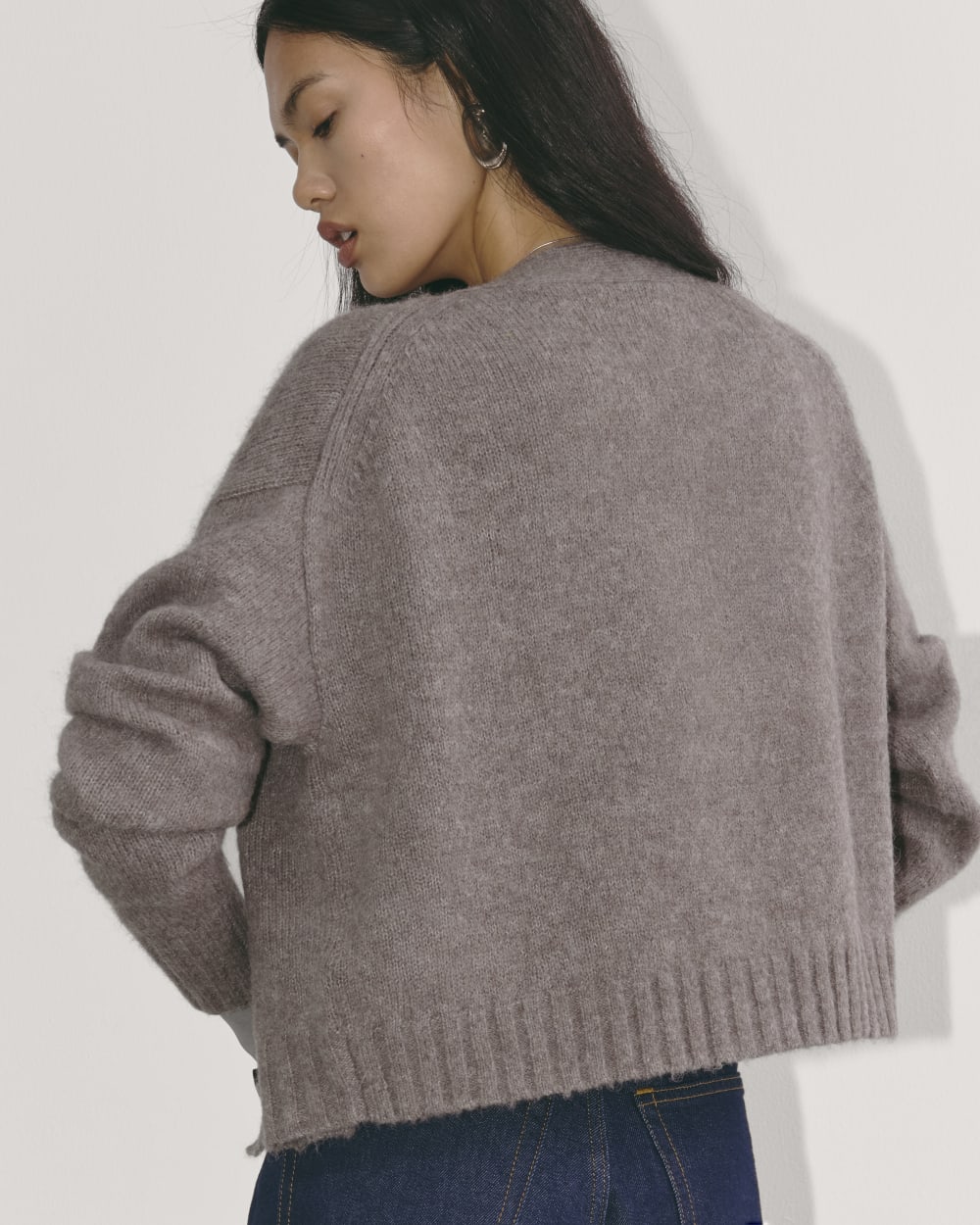 The Boxy Cardigan in Alpaca in Taupe Melange — detail view