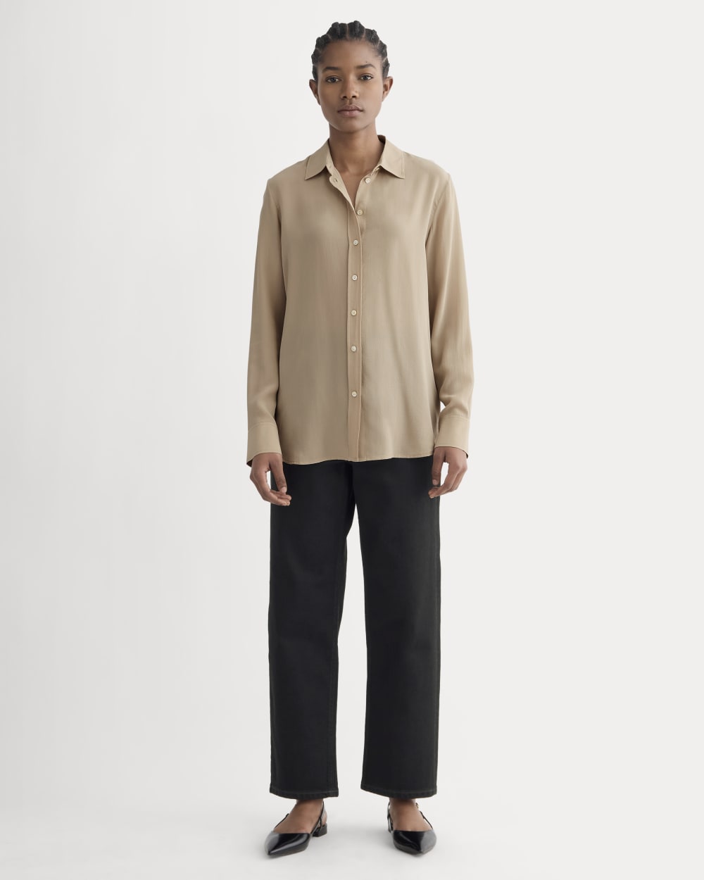 The Must-Have Shirt in Washable Silk in Burnt Sugar — detail view